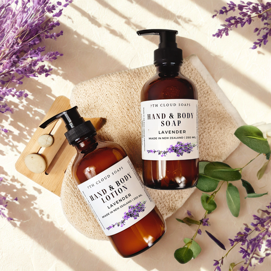 Lavender liquid hand & body soap and Lavender hand & body lotion in a 250ml amber glass pump bottles – 7th Cloud Natural Skincare