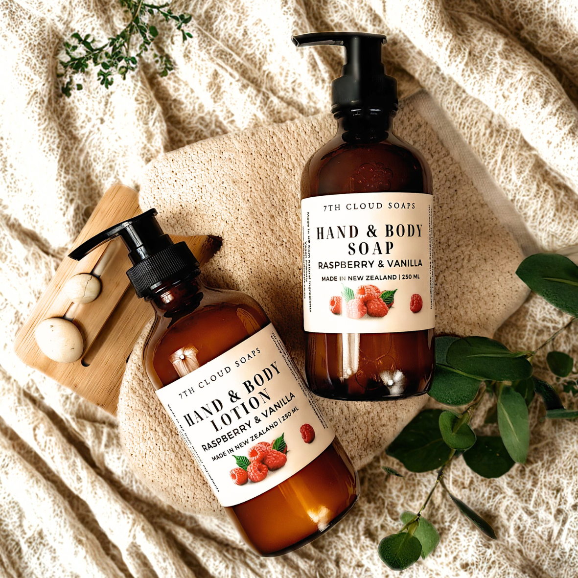 Raspberry & Vanilla liquid hand & body soap and lotion in a 250ml amber glass pump bottles – 7th Cloud Natural Skincare
