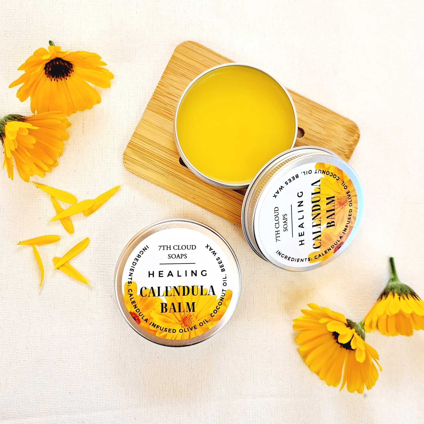 Calendula balm in 30g aluminium tin by 7th Cloud Soaps, fragrance-free natural skincare made in New Zealand