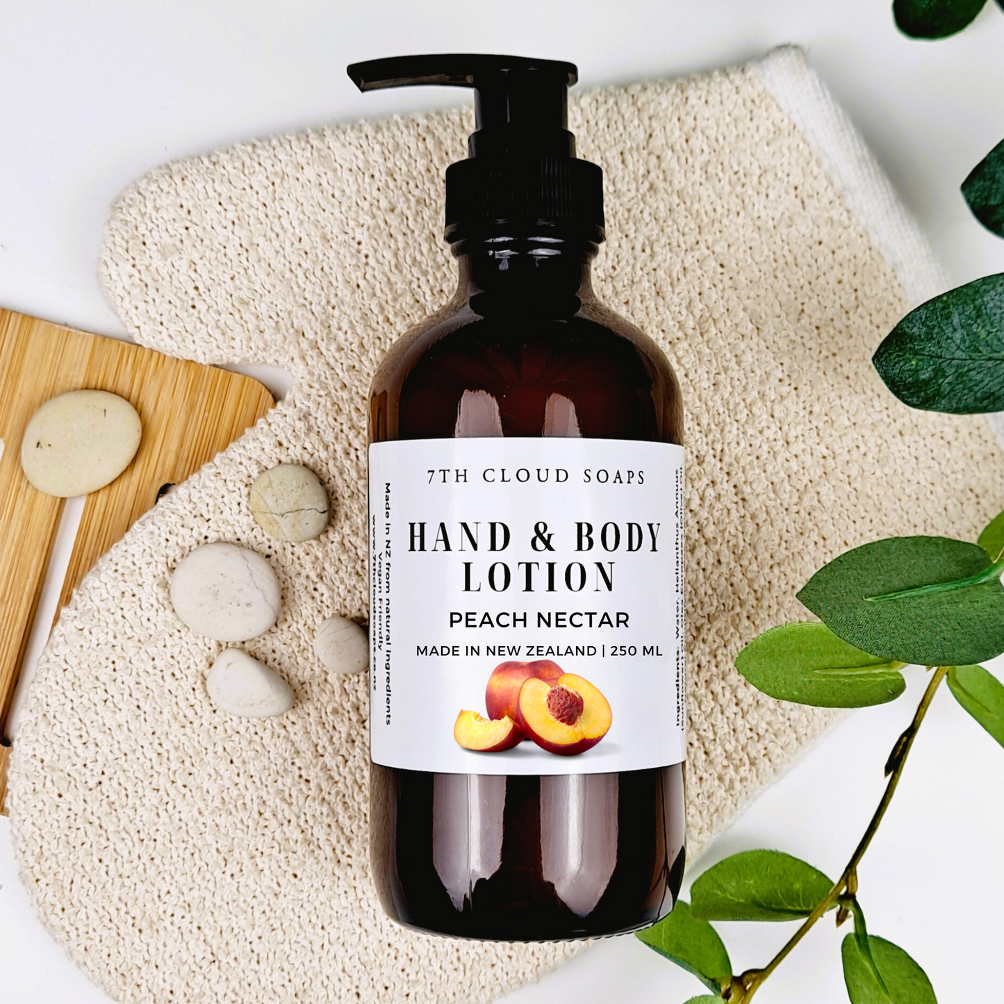 Peach Nectar Hand & Body Lotion in 250ml amber glass bottles – NZ-made, natural, vegan-friendly