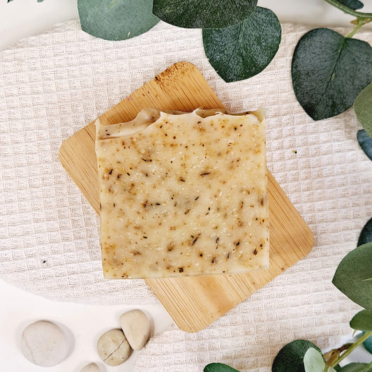 Two square crackers on a wooden board with green leaves and stones in the background