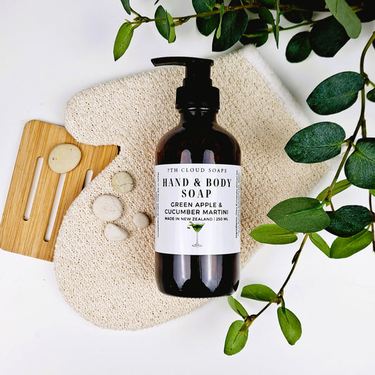 Green Apple & Cucumber Martini liquid hand & body soap in a 250ml amber glass pump bottle – 7th Cloud Natural Skincare