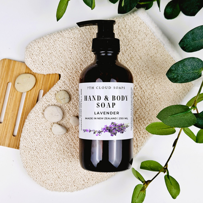 Lavender liquid hand & body soap in a 250ml amber glass pump bottle – 7th Cloud Natural Skincare