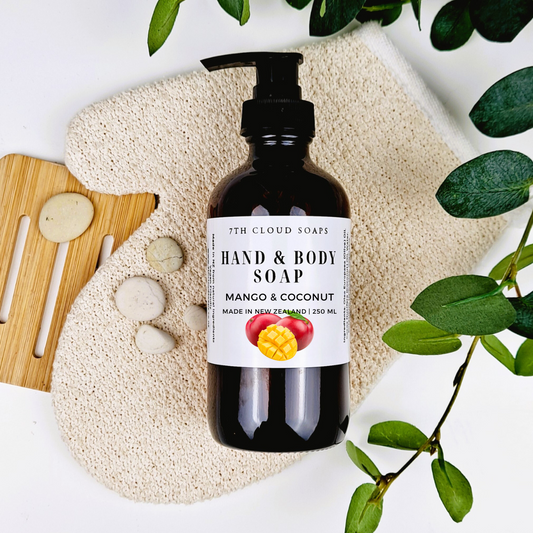 Mango & Coconut liquid hand & body soap in a 250ml amber glass pump bottle – 7th Cloud Natural Skincare
