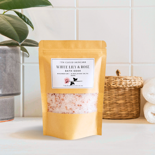 White Lily and Rose bath salts with magnesium, handmade in New Zealand
