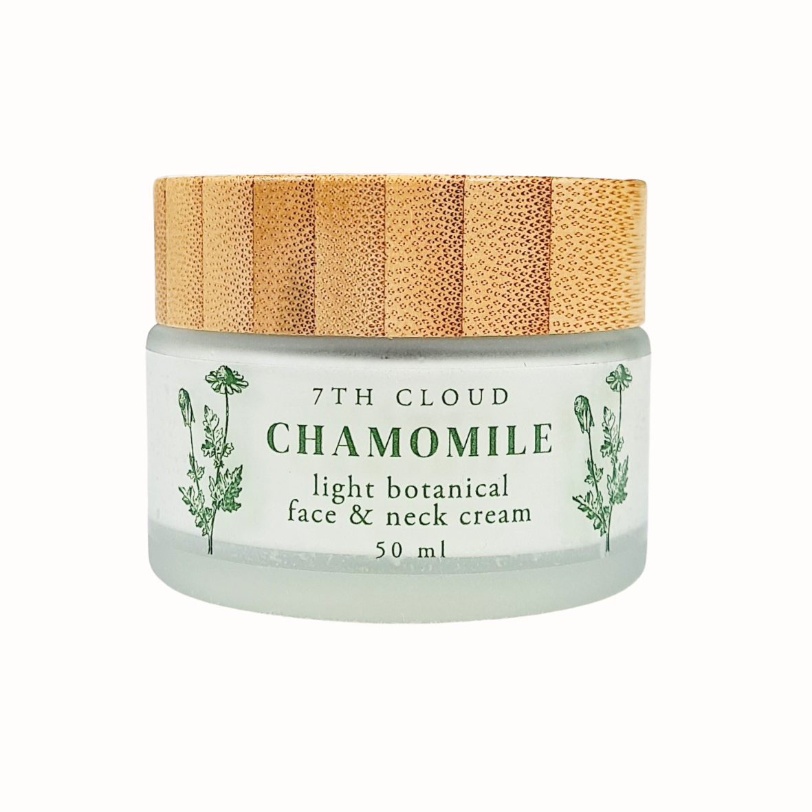 A frosted glass jar with a bamboo lid labeled '7th Cloud Chamomile Light Botanical Face & Neck Cream 50ml'.