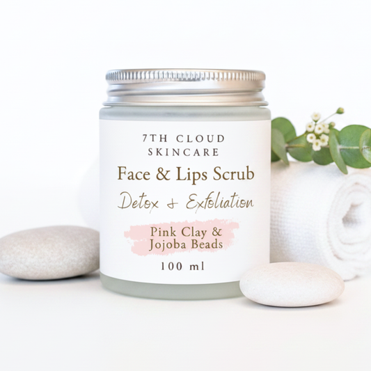 Detox and exfoliation - face and lips scrub with pink clay and jojoba beads. Hand made in New Zealand