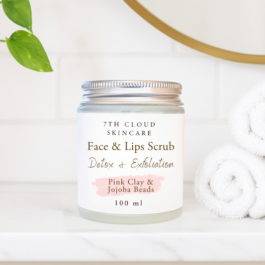 Detox and exfoliation - face and lips scrub with pink clay and jojoba beads. Hand made in New Zealand