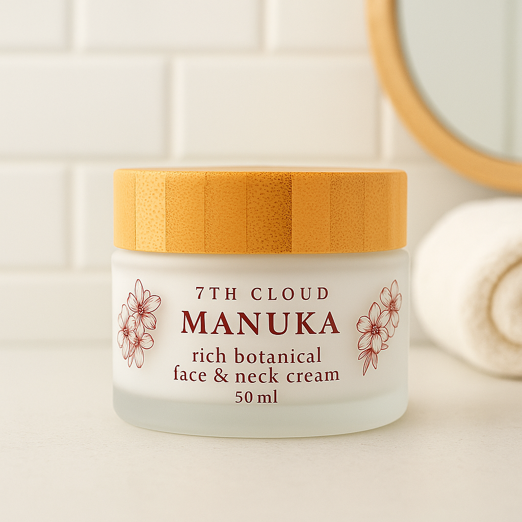 Jar of 7th Cloud Manuka rich botanical face & neck cream on a light background