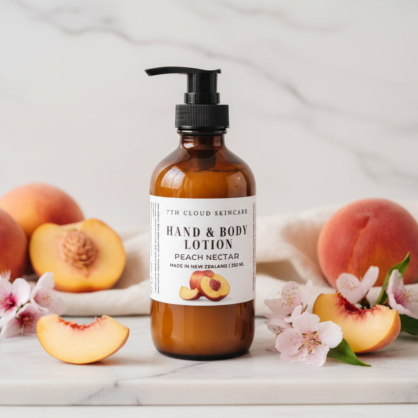 Peach Nectar Hand & Body Lotion in 250ml amber glass bottles – NZ-made, natural, vegan-friendly