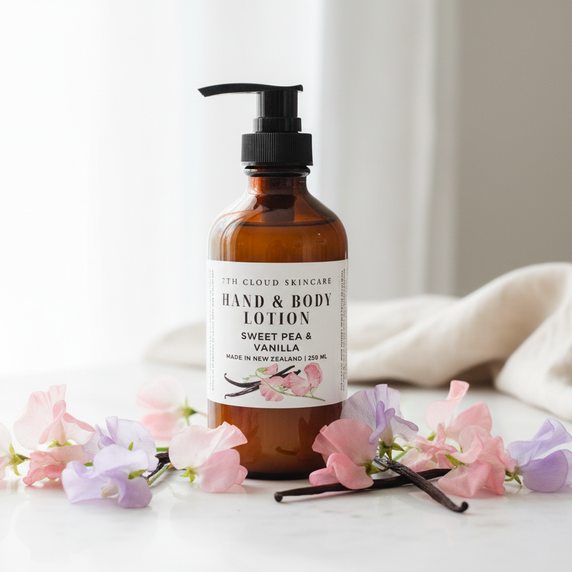 Hand and body lotion Sweet Pea and vanilla handmade in New Zealand
