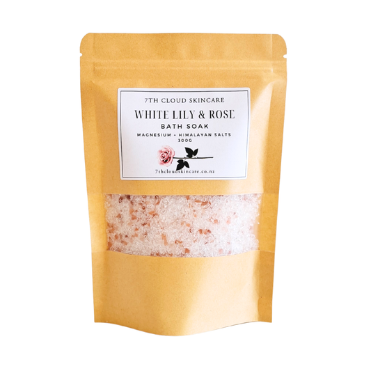 White Lily and Rose bath salts with magnesium, handmade in New Zealand