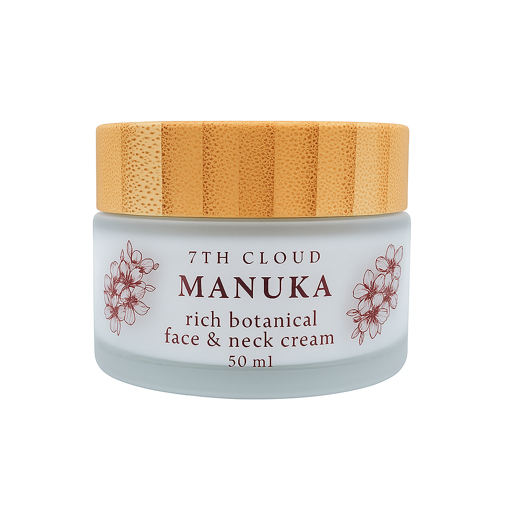 Manuka rich botanical face & neck cream jar with wooden lid on a white background