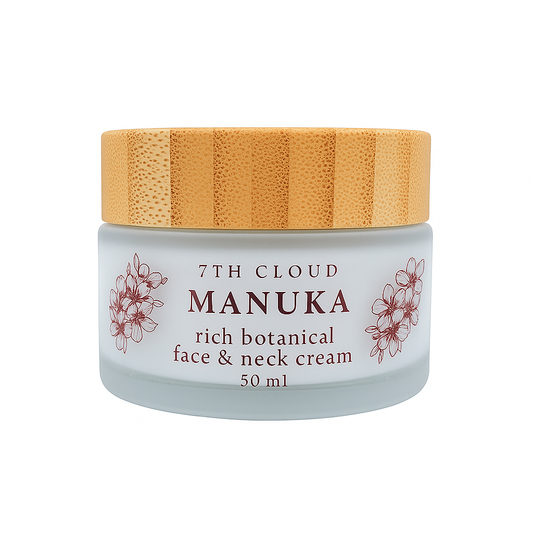 Manuka rich botanical face & neck cream jar with wooden lid on a white background