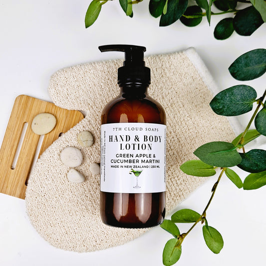 Green Apple & Cucumber Martini Hand & Body Lotion in 250ml amber glass bottles – NZ-made, natural, vegan-friendly