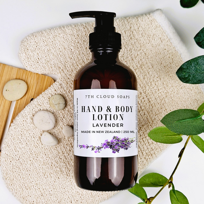 Lavender Hand & Body Lotion in 250ml amber glass bottles – NZ-made, natural, vegan-friendly
