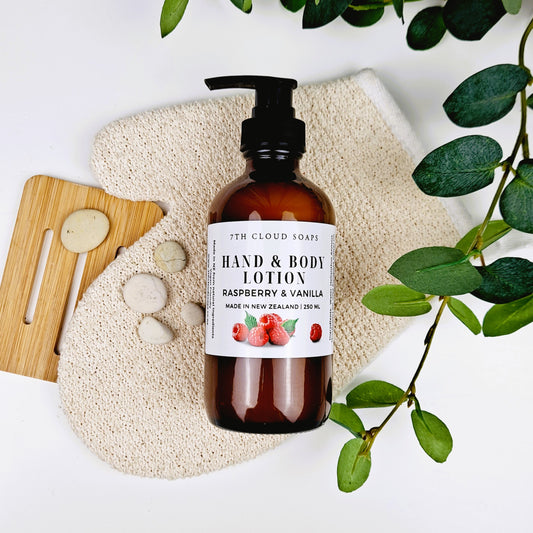  Raspberry and Vanilla Hand & Body Lotion in 250ml amber glass bottles – NZ-made, natural, vegan-friendly