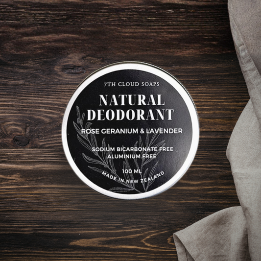 7th Cloud Soaps natural deodorant on a wooden surface