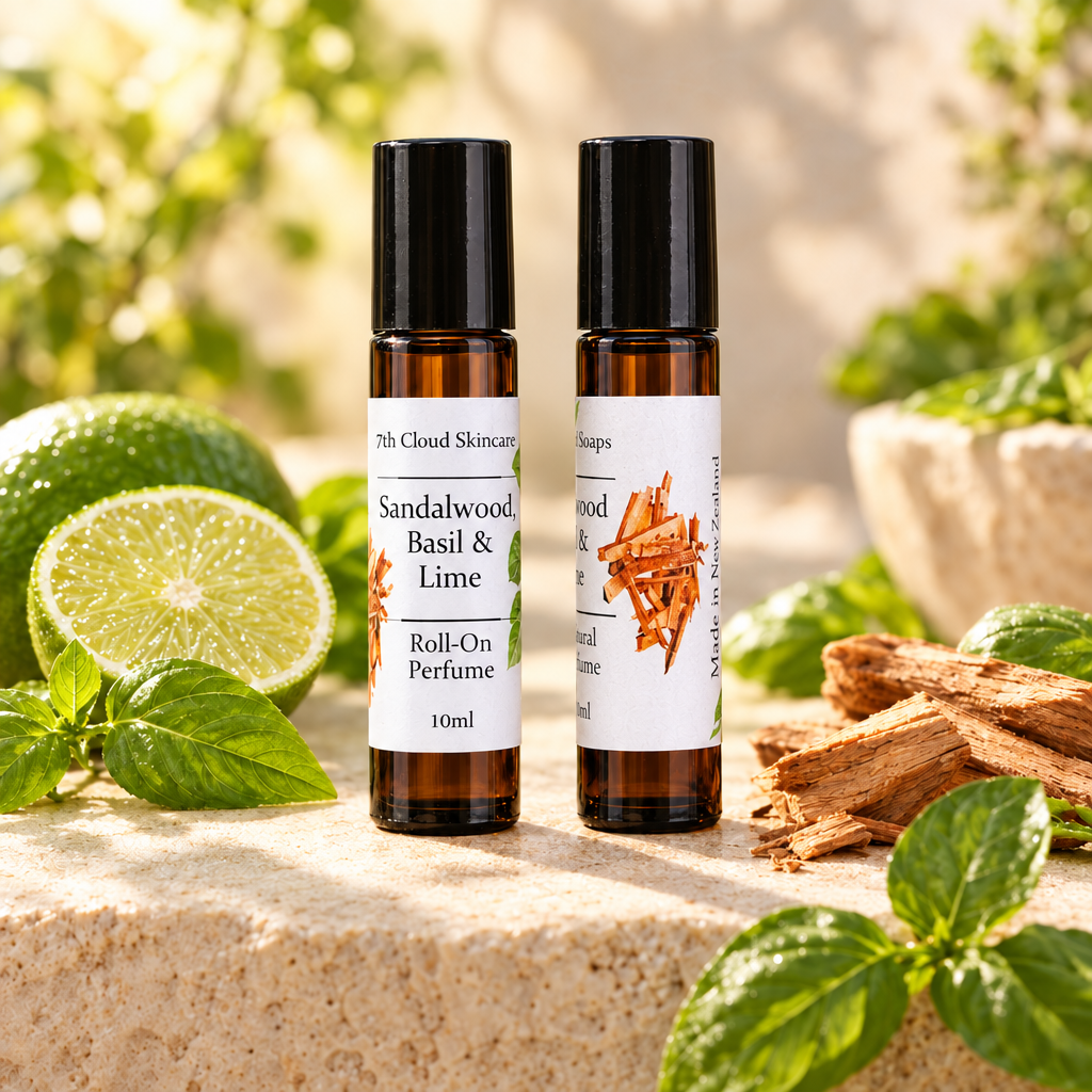 Sandalwood, Basil & Lime natural roll-on perfume, handmade in New Zealand. 