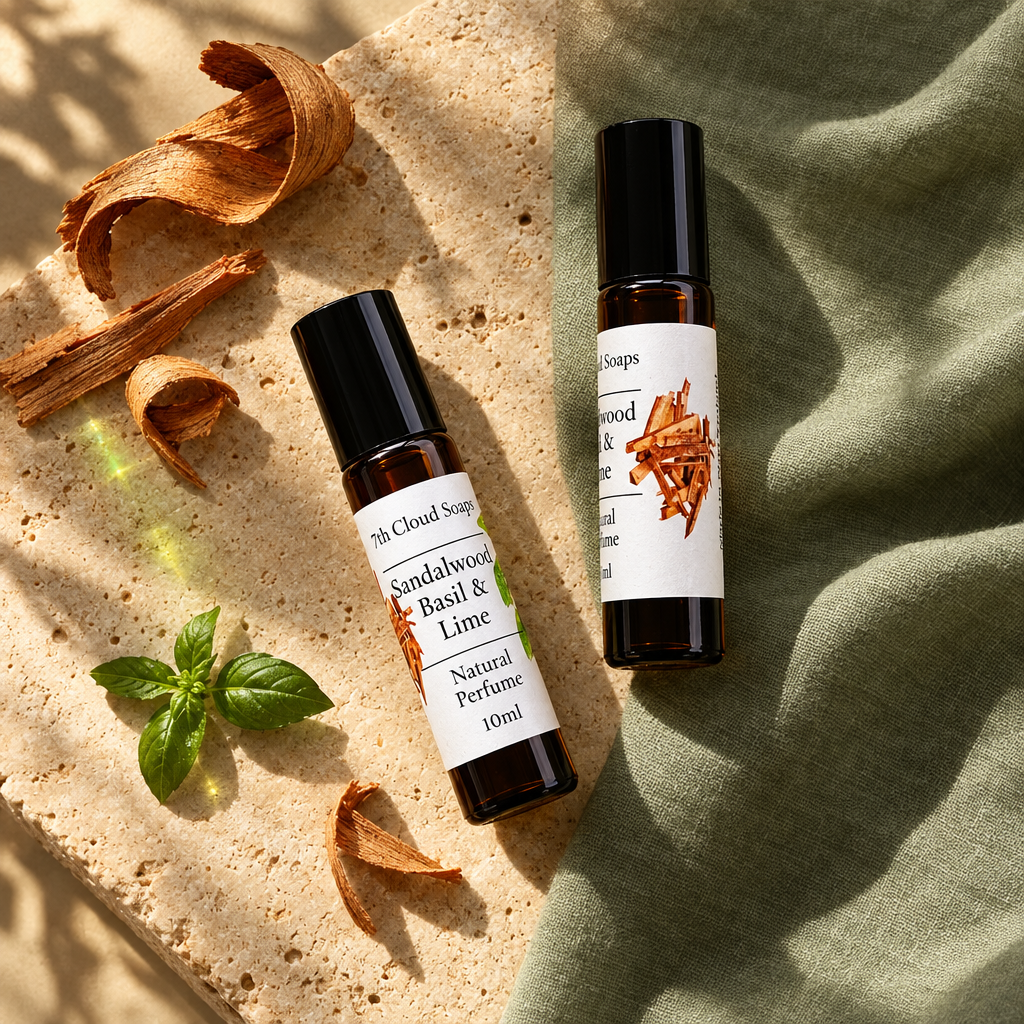 Sandalwood, Basil & Lime natural roll-on perfume, handmade in New Zealand. 