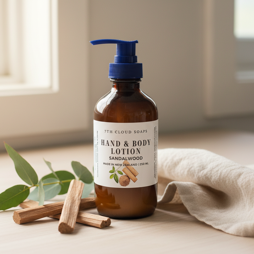 Sandalwood hand and body lotion. Handmade in New Zealand