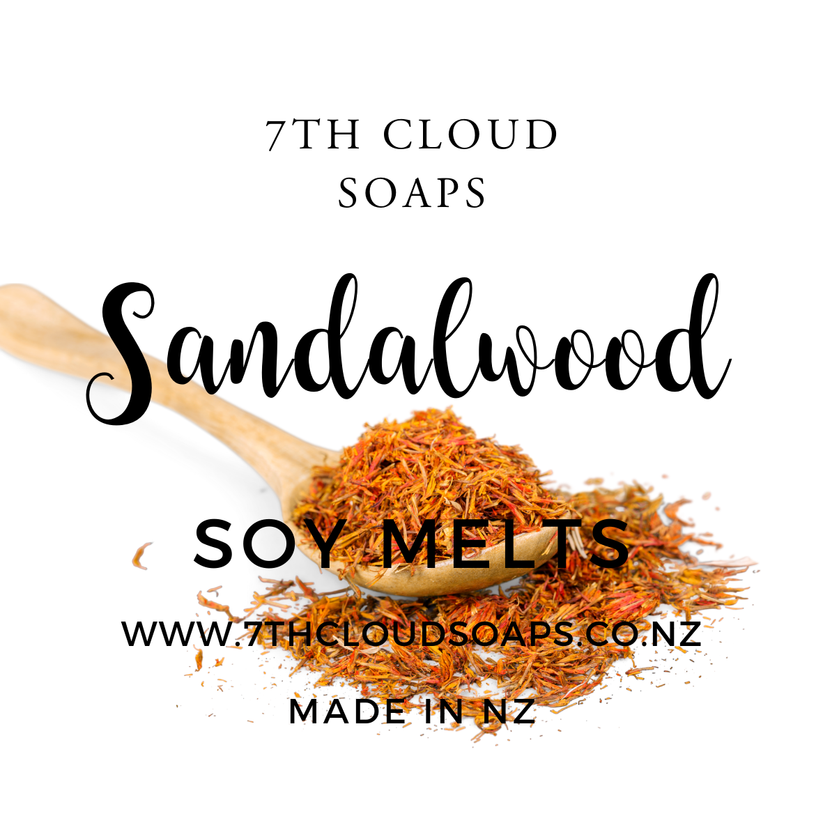 Sandalwood soy melts with a wooden spoon on a white background, branded as 7th Cloud Soaps.