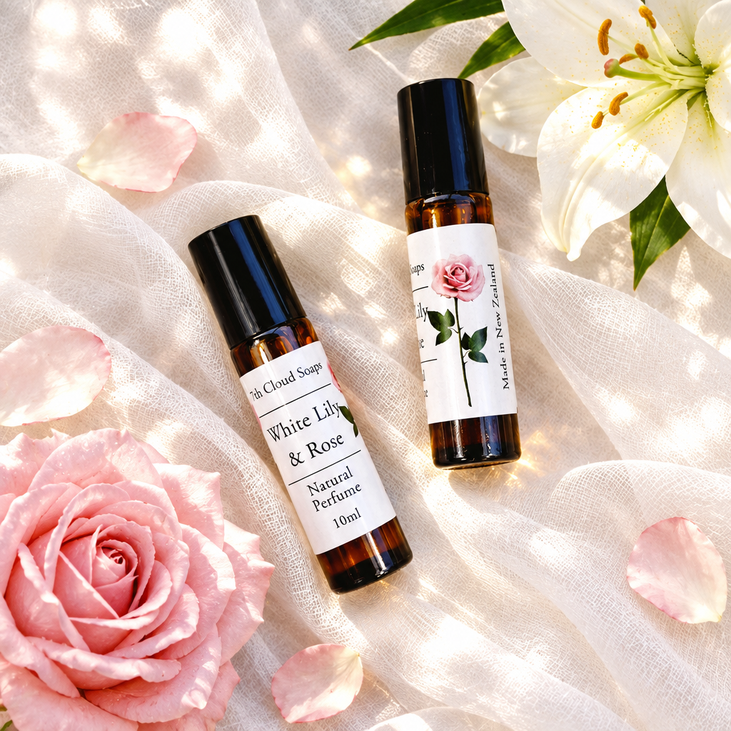 Whte Lily & Rose natural perfume handmade in New Zealand. 7th Cloud Natural Skincare